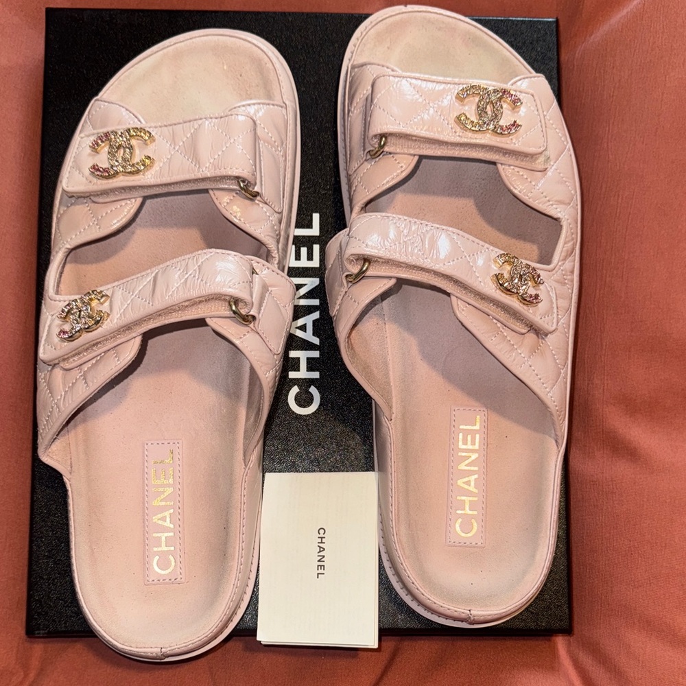 CHANEL Pink Quilted Double-Strap Logo Sandals